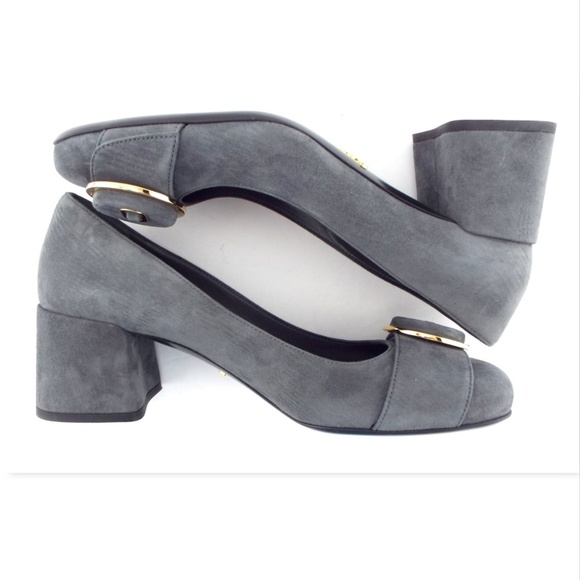 New PRADA Logo Detail Button Accent Ash Gray Suede Leather Block Heel Pumps 36.5 - Picture 5 of 8